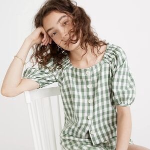 Madewell Linen-Cotton Square-Neck Button-Front Top in Gingham Check
